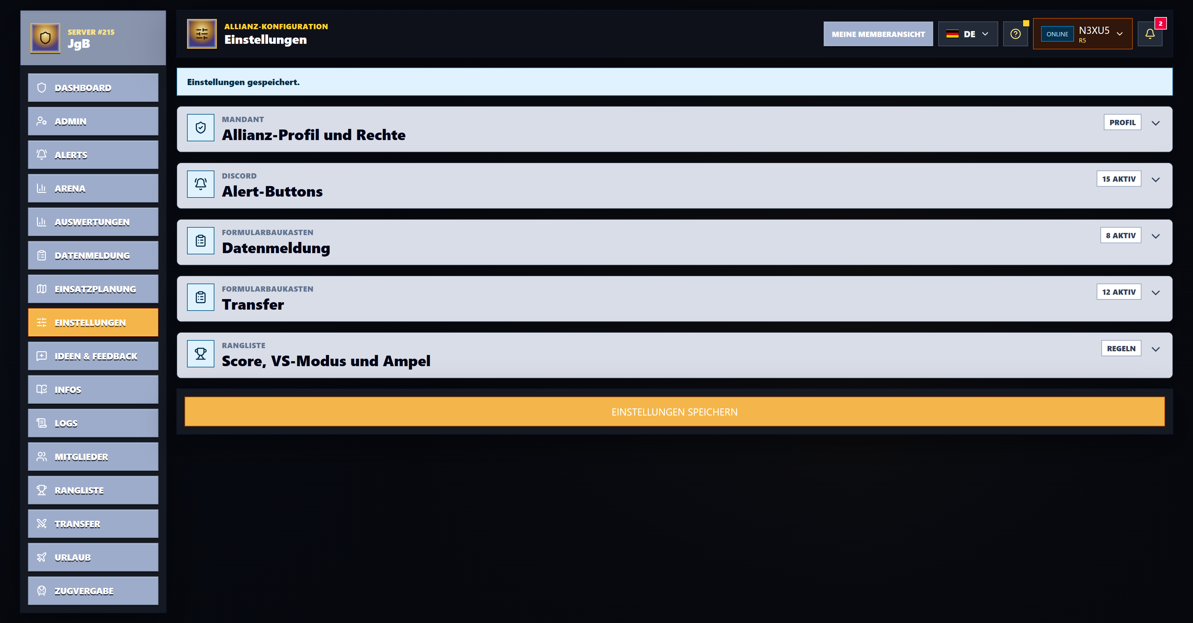 Alliance configuration settings preview